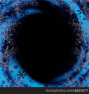 Dark blue winter decorative frame, snowflakes with glowing lights, beautiful cold snow on black background, Christmas ornamental and decorative border, holidays abstract design with text space