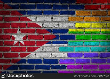 Dark brick wall texture - coutry flag and rainbow flag painted on wall - Cuba