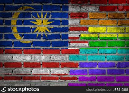 Dark brick wall texture - coutry flag and rainbow flag painted on wall - Malaysia