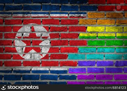 Dark brick wall texture - coutry flag and rainbow flag painted on wall - North Korea