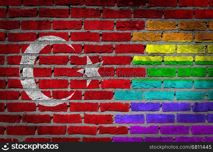 Dark brick wall texture - coutry flag and rainbow flag painted on wall - Turkey