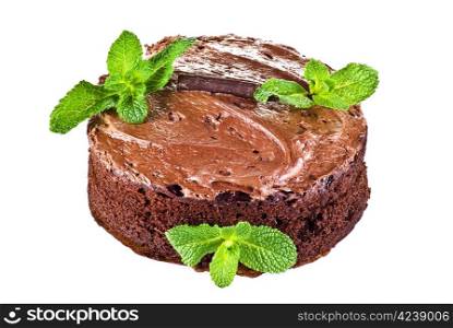Dark brown chocolate cake and mint leaves over white background