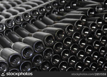 Dark cellar with old bottles of red wine