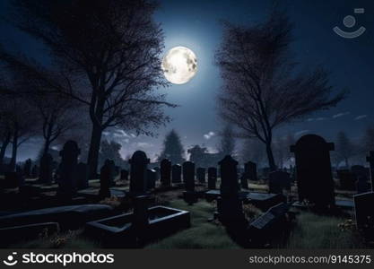 Dark cemetery on a moonlit night. Graveyard horror concept. Generate Ai. Dark cemetery on a moonlit night