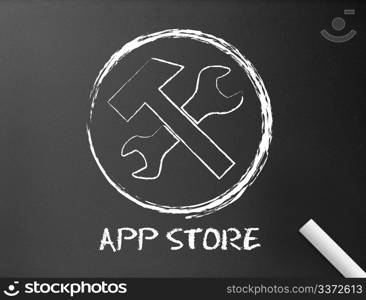 Dark chalkboard with an app store illustration.