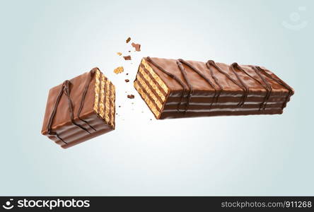 Dark chocolate coated on Crispy wafer, Cracked chocolate wafer flavor, Cracked wafer with Clipping path 3d illustration.