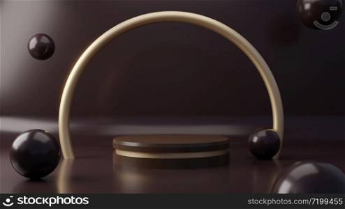Dark chocolate color product pedestal stand on background. Abstract minimal geometry concept. Studio podium platform theme. Exhibition and business marketing presenta stage. 3D illustration rendering
