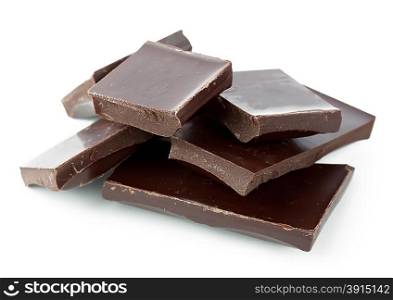 Dark chocolate mangled pieces isolated on white background. Dark chocolate mangled pieces