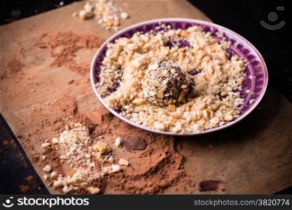 Dark chocolate truffles with biscuit crumbs on plate, dark background, selective focus, copy space