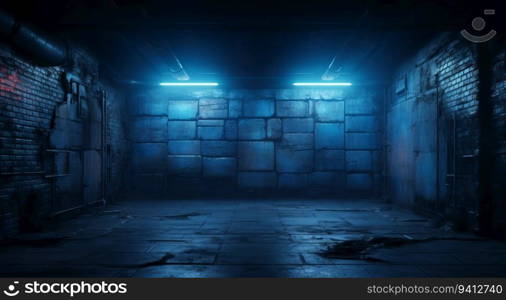 Dark corridor with glowing neon lights and brick wall. 3d rendering