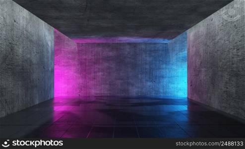 Dark Cyber SciFi Background with Neon Lights at Night in an Alley or Garage  3D illustration 