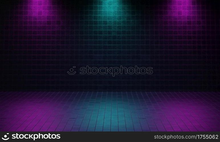 Dark empty room made from brick with violet and blue color spotlight background. Cyberpunk style and theater stage concept. Architecture and interior theme. 3D illustration rendering graphic design