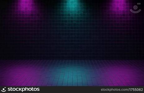 Dark empty room made from brick with violet and blue color spotlight background. Cyberpunk style and theater stage concept. Architecture and interior theme. 3D illustration rendering graphic design