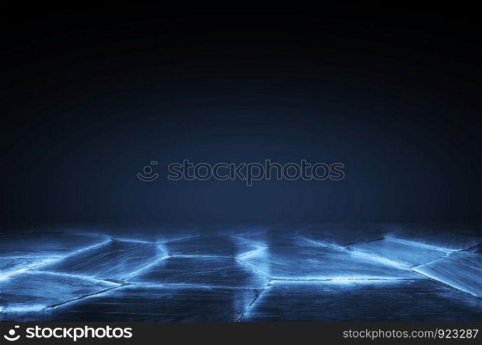 Dark empty scene blue neon searchlight light, wet asphalt smoke night view rays on black background
