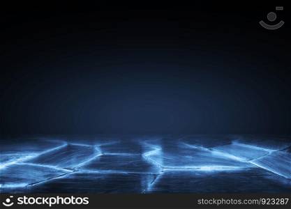 Dark empty scene blue neon searchlight light, wet asphalt smoke night view rays on black background
