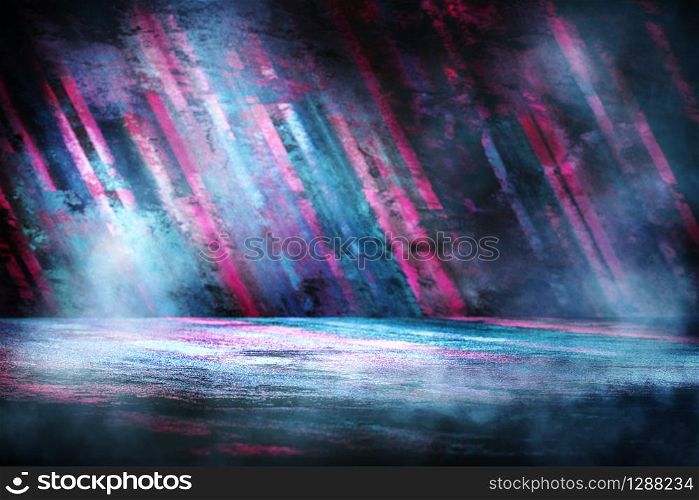 Dark empty stage, product showcase with futuristic multicolored rays of neon lights on wet asphalt and smoke.