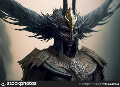 Dark Fantasy Art of a Horned Warrior with Wings and Red Eyes
