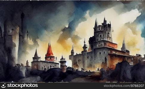 Dark fantasy fary tale castle with storm clouds, fantasy background. Pastel colored landscape