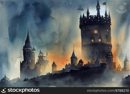Dark fantasy fary tale medieval castle with storm clouds, fantasy background. Pastel colored landscape