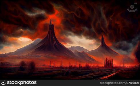 Dark fantasy mordor landscape with big volcano mount. Dark fantasy mordor landscape