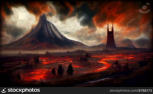 Dark fantasy mordor landscape with huge volcano mount. Dark fantasy mordor landscape
