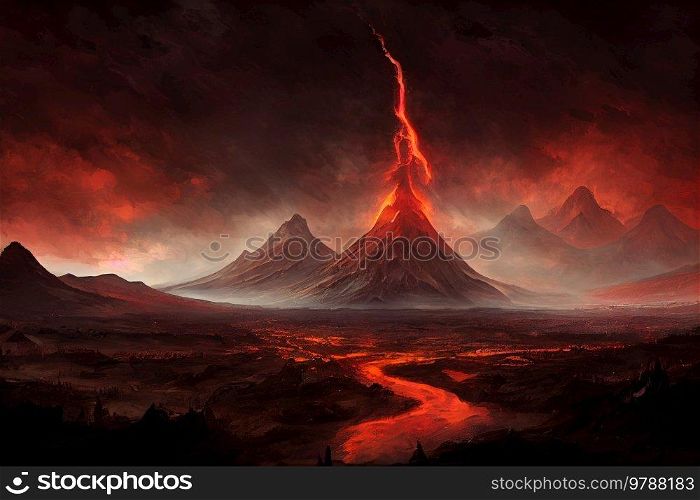 Dark fantasy mordor landscape with volcano mount. Dark fantasy mordor landscape