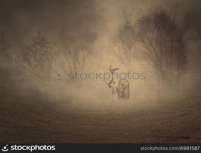 Dark foggy scene with a 3d rendered vintage cage with crows, digital illustration.