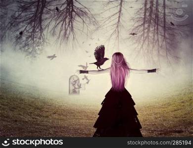 Dark foggy scene with a 3d rendered witch woman with a crows, digital illustration.