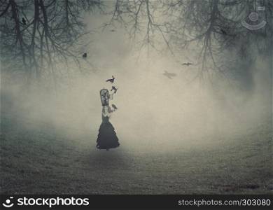 Dark foggy scene with a 3d rendered witch woman with a crows, digital illustration.