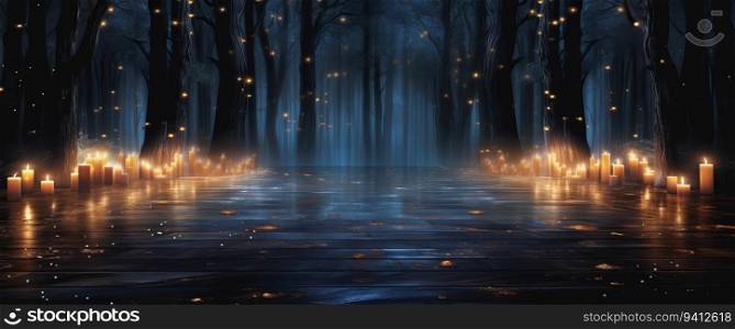 Dark forest with glowing candles. Halloween concept. 3D Rendering