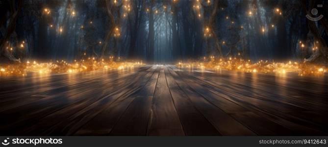 Dark forest with glowing lights and wooden floor, 3d render illustration