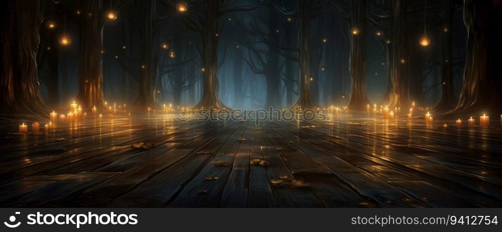 Dark forest with glowing trees. 3d render illustration. Halloween concept