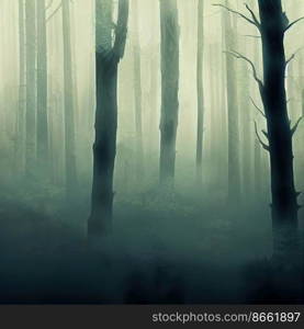 Dark Forrest with fog horror design 3d illustrated