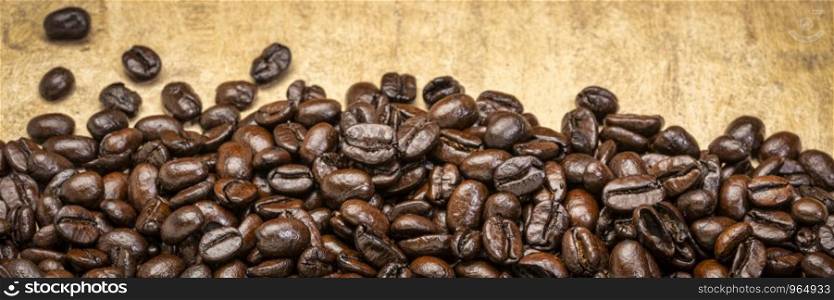 dark French roast coffee beans against textured bark paper, long banner format