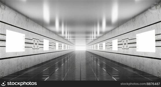 Dark Futuristic Modern Garage Showroom Tunnel Corridor. Entrance 3D Render