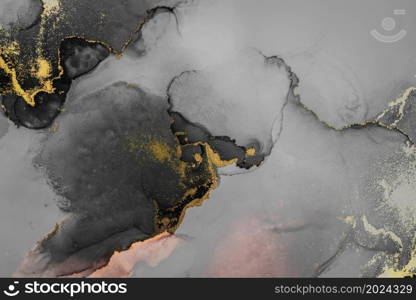 Dark gold abstract background of marble liquid ink art painting on paper . Image of original artwork watercolor alcohol ink paint on high quality paper texture .. Dark gold abstract background of marble liquid ink art painting on paper .