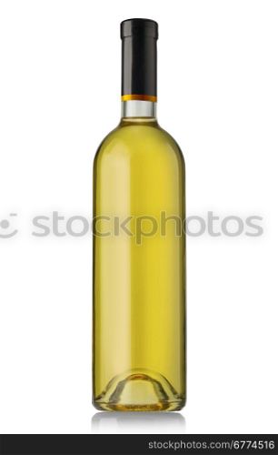 Dark green glass bottle with white wine isolated on a white background.
