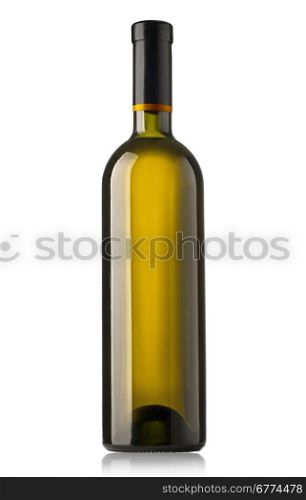 Dark green glass bottle with white wine isolated on a white background. with clipping path