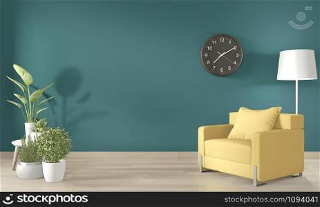 Dark green living room with yellow arm chair and decoration plants on floor wooden.3D rendering