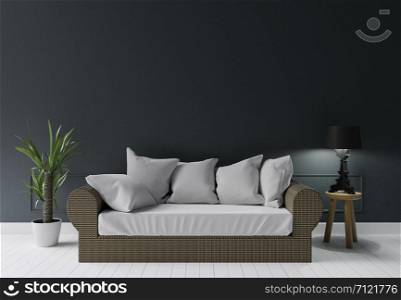 dark green modern living room with summer sofa lamp and little tree ,3d rendering copy space wall