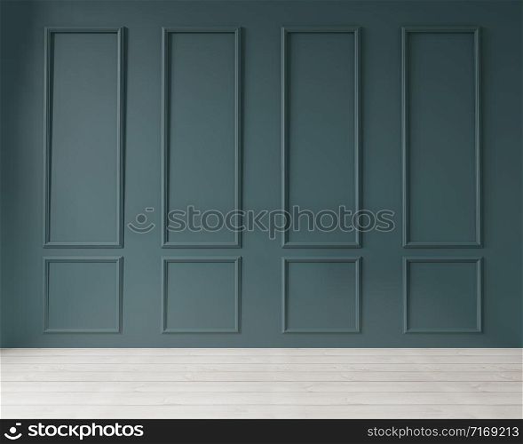 dark green modern wall art deco style and wooden floor for mock up and copy space ,3d rendering