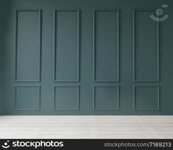 dark green modern wall art deco style and wooden floor for mock up and copy space ,3d rendering