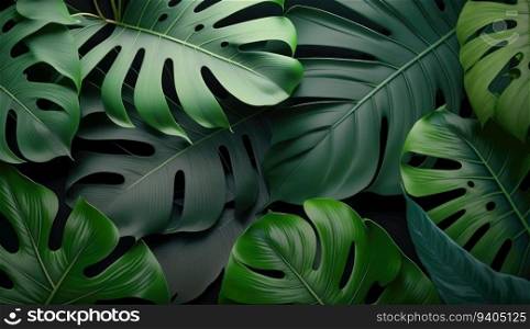Dark green tropical background with Tropical palm leaves. 