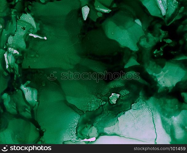 Dark green uneven splashes.Colorful background hand drawn with bright inks and watercolor paints. Color splashes and splatters create uneven artistic modern design.