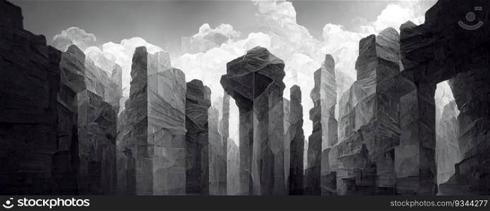 Dark grey mountains landscape with stone pillars. Generative AI technology. Dark grey mountains landscape, AI generated