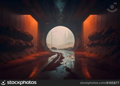 Dark grungy abandoned underpass. Future post apocalypse environment concept. Neural network AI generated art. Postapocalyptic tunnel after rain with orange radioactive dust. Neural network AI generated