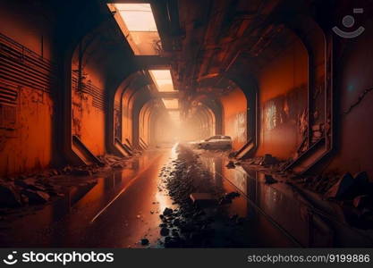 Dark grungy abandoned underpass. Future post apocalypse environment concept. Neural network AI generated art. Postapocalyptic tunnel after rain with orange radioactive dust. Neural network AI generated