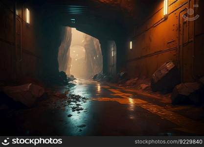 Dark grungy abandoned underpass. Future post apocalypse environment concept. Neural network AI generated art. Postapocalyptic tunnel after rain with orange radioactive dust. Neural network AI generated
