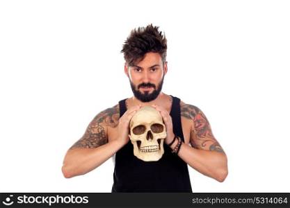 Dark guy with a human skull isolated on a white background