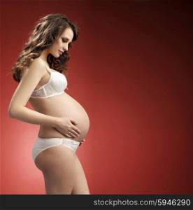 Dark-haired pregnant woman touching her belly